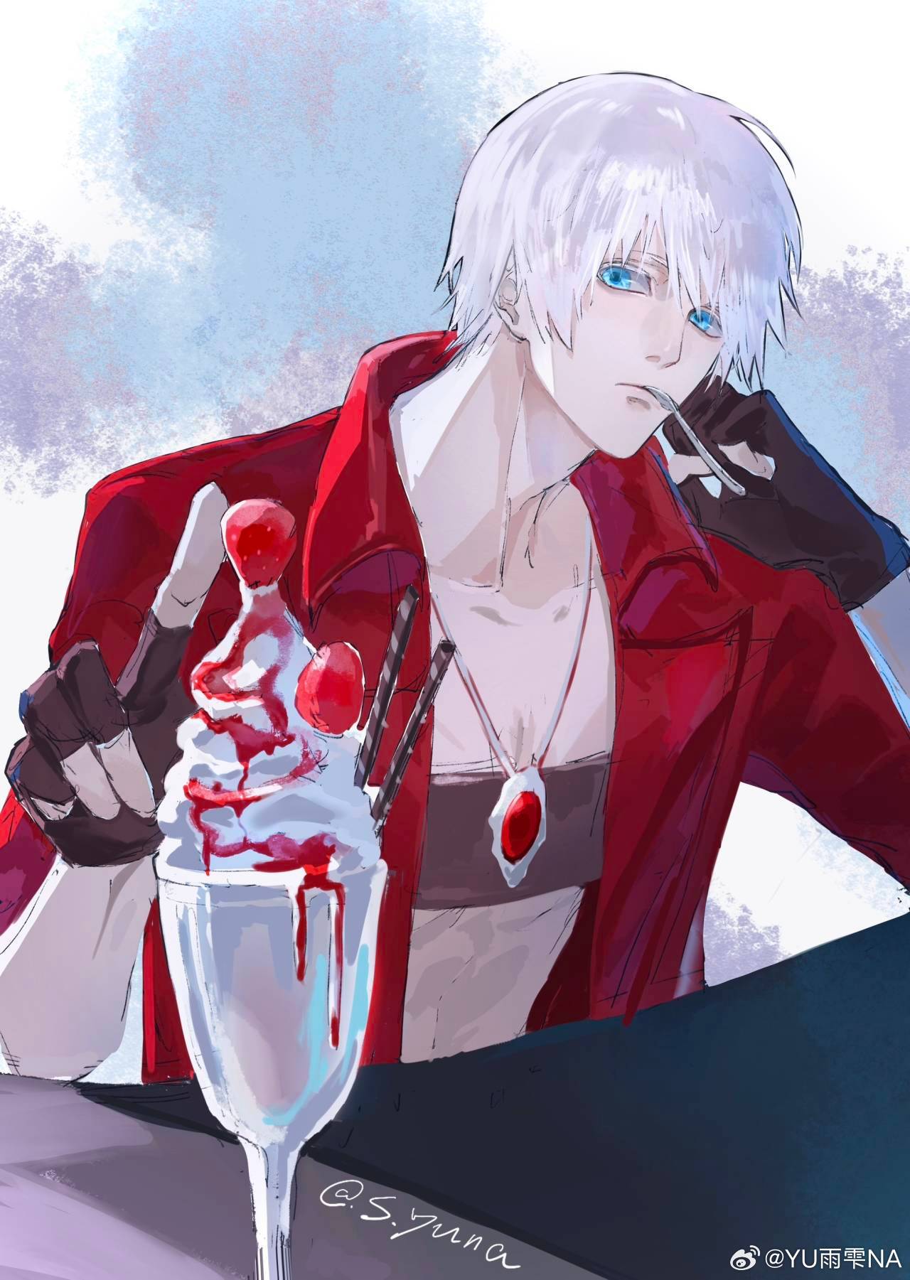 1boy belt belt_bra bishounen blue_eyes coat colored_eyelashes crop_top dante_(devil_may_cry) dessert devil_may_cry_(series) devil_may_cry_3 fingerless_gloves food fruit gloves highres male_focus pale_skin red_coat solo strawberry utensil_in_mouth weibo_6129080817 white_hair