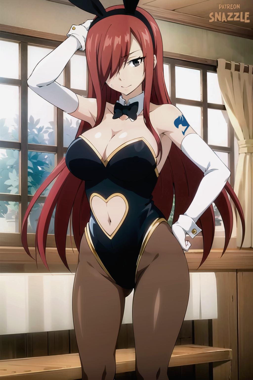 1girl animal animal_ears arm_tattoo black_bow black_bowtie bow bowtie breasts curtains detached_collar elbow_gloves erza_scarlet fairy_tail gloves hair_over_one_eye highres indoors large_breasts long_hair playboy_bunny rabbit_ears redhead self-upload solo tattoo white_gloves