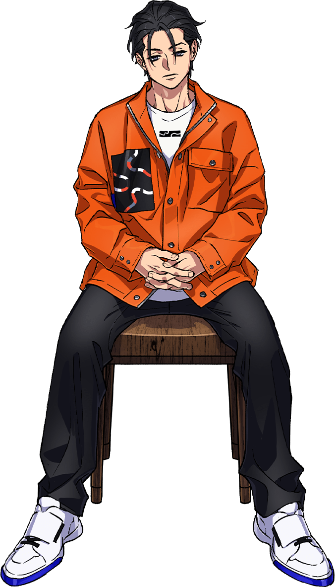1boy black_hair black_pants chair charisma_house closed_mouth facing_viewer interlocked_fingers itou_fumiya jacket long_sleeves male_focus mojisan_(ebimo) official_art orange_jacket own_hands_together pants shirt shoes sitting sneakers solo white_footwear white_shirt wooden_chair