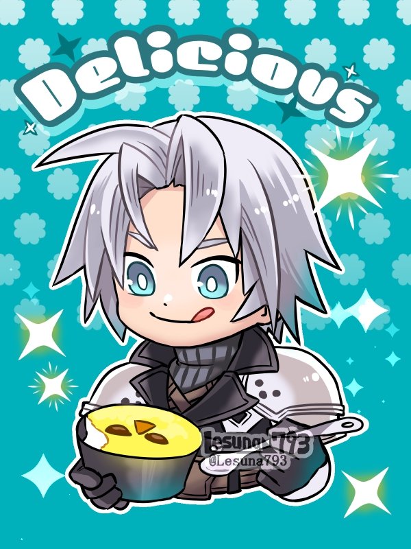 1boy aged_down aqua_background aqua_eyes armor black_gloves black_jacket chest_strap chocobo cropped_torso final_fantasy final_fantasy_vii final_fantasy_vii_ever_crisis final_fantasy_vii_remake food fujiya gloves grey_hair holding holding_food holding_spoon jacket lesuna looking_at_food male_focus parted_bangs sephiroth short_hair shoulder_armor smile solo sparkle spoon tongue tongue_out turtle upper_body