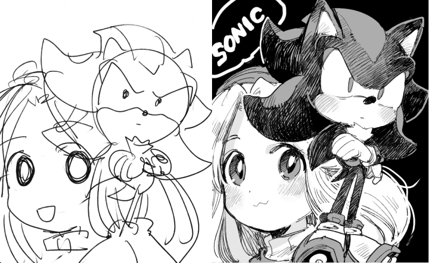 1boy 1girl :3 animal_ears animal_nose aoki_(fumomo) blush body_fur boots closed_mouth commentary_request copyright_name crossed_arms english_text full_body gloves greyscale hair_intakes hairband long_hair looking_at_viewer maria_robotnik monochrome multiple_views neck_fur partial_commentary shadow_the_hedgehog sidelocks sketch smile sonic_(series) sonic_adventure_2 spiky_hair standing tail