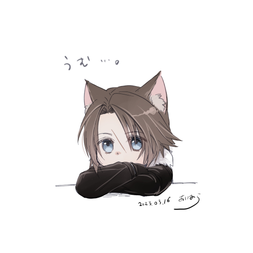 1boy animal_ears arms_on_table black_gloves black_jacket blue_eyes brown_hair cat_boy cat_ears chibi commentary_request covering_mouth crossed_arms dated final_fantasy final_fantasy_viii fur-trimmed_jacket fur_trim gloves head_on_arm hiryuu_(kana_h) jacket male_focus scar scar_on_face short_hair signature solo squall_leonhart table translation_request upper_body