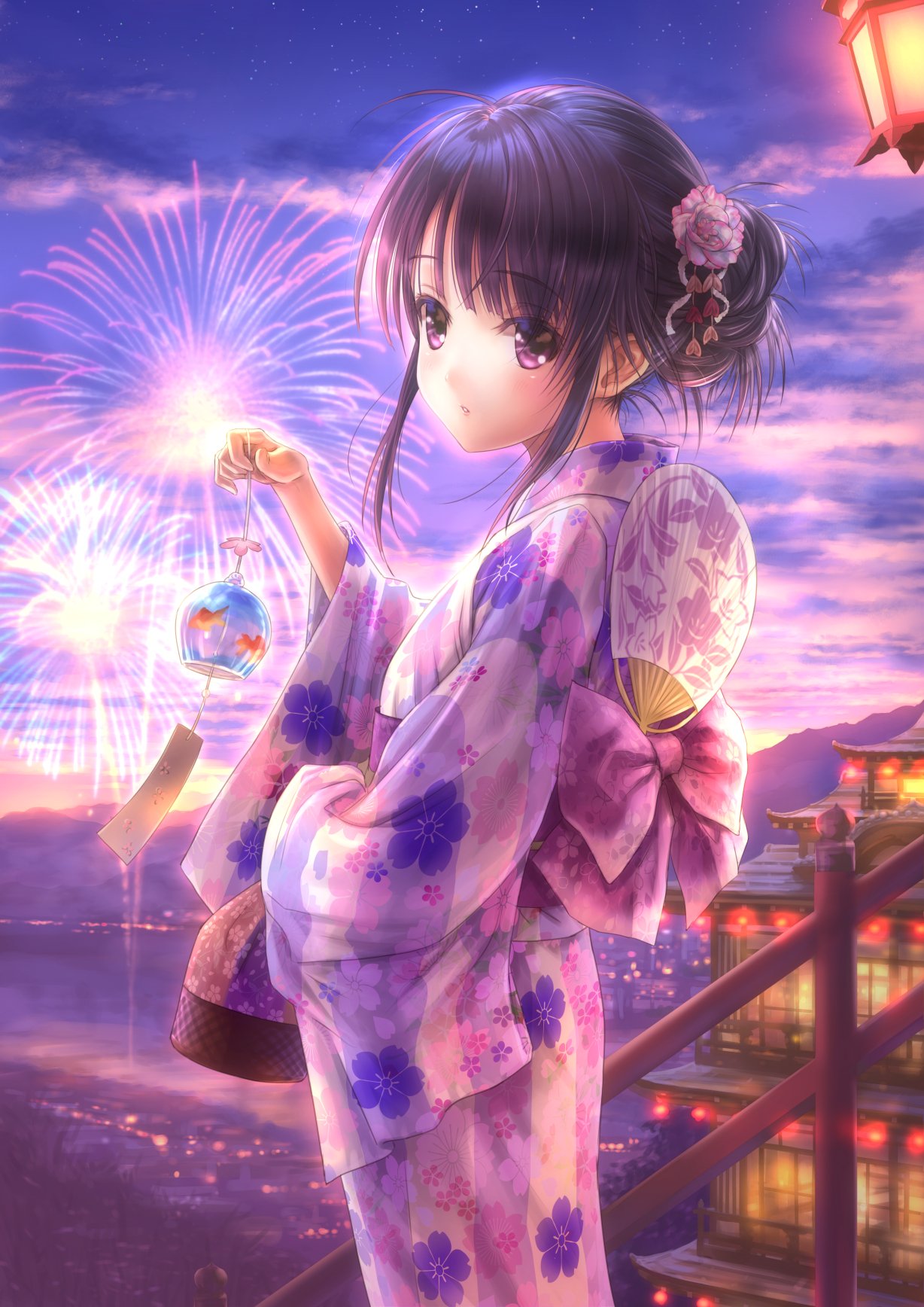 1girl aerial_fireworks ahoge architecture back_bow black_hair blush bow cherry_blossom_print commentary_request dusk east_asian_architecture eyelashes fireworks fish floral_print flower goldfish goto_p hair_bun hair_flower hair_ornament hand_up highres japanese_clothes kanzashi kimono lantern long_hair long_sleeves looking_at_viewer original outdoors parted_lips pink_bow purple_kimono sidelocks single_hair_bun sky solo stairs standing striped striped_kimono summer_festival violet_eyes wide_sleeves yukata