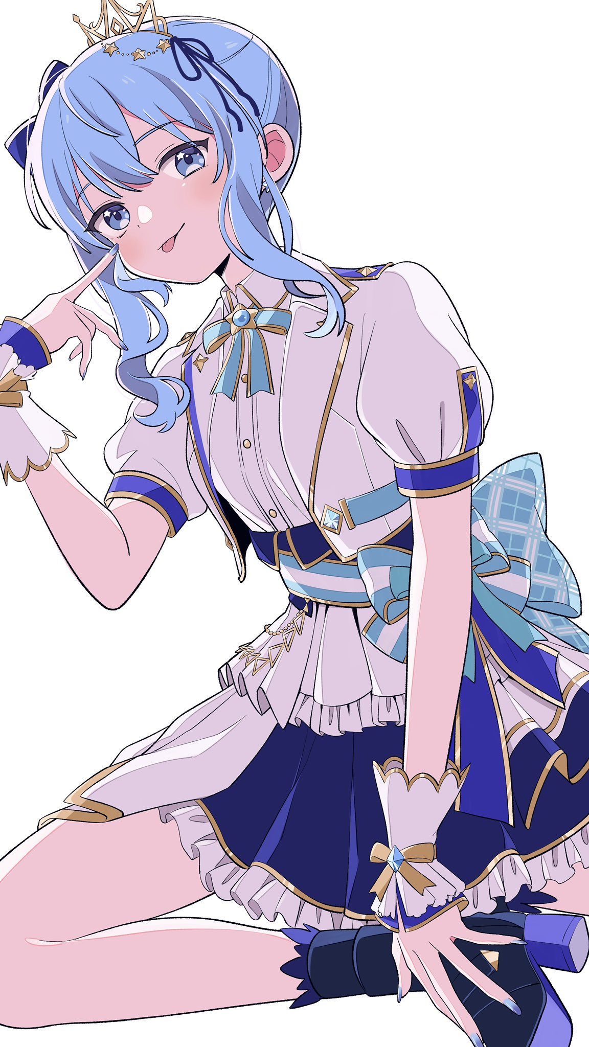 1girl akanbe ankle_boots blue_bow blue_bowtie blue_eyes blue_footwear blue_hair boots bow bowtie crown eyelid_pull high_heel_boots high_heels highres hololive hololive_idol_uniform_(bright) hoshimachi_suisei jacket layered_skirt looking_at_viewer mini_crown official_alternate_costume puffy_short_sleeves puffy_sleeves shirt short_sleeves side_ponytail sidelocks skirt soh_himitsuki solo tongue tongue_out upper_body virtual_youtuber white_background white_jacket white_shirt white_skirt