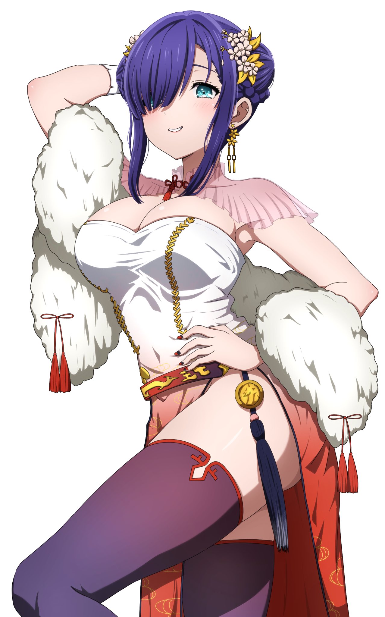 1girl bare_shoulders blue_eyes blush breasts chinese_clothes earrings gridman_universe gridman_universe_(film) hair_bun hair_over_one_eye hand_on_own_hip highres jewelry large_breasts long_hair looking_at_viewer necktie noshimurin official_alternate_costume princess_(dynazenon) purple_hair sleeveless smile solo thigh-highs