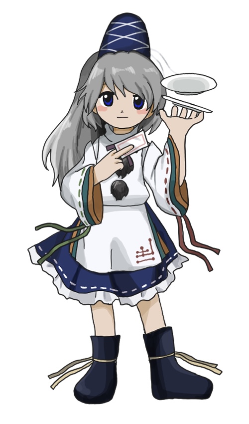 1girl blue_eyes blue_headwear blue_skirt closed_mouth commentary_request full_body grey_hair hat japanese_clothes kariginu long_hair long_sleeves looking_at_viewer mononobe_no_futo ofuda plate pom_pom_(clothes) ponytail ribbon-trimmed_sleeves ribbon_trim skirt solo standing tate_eboshi touhou wide_sleeves yamadainari zun_(style)