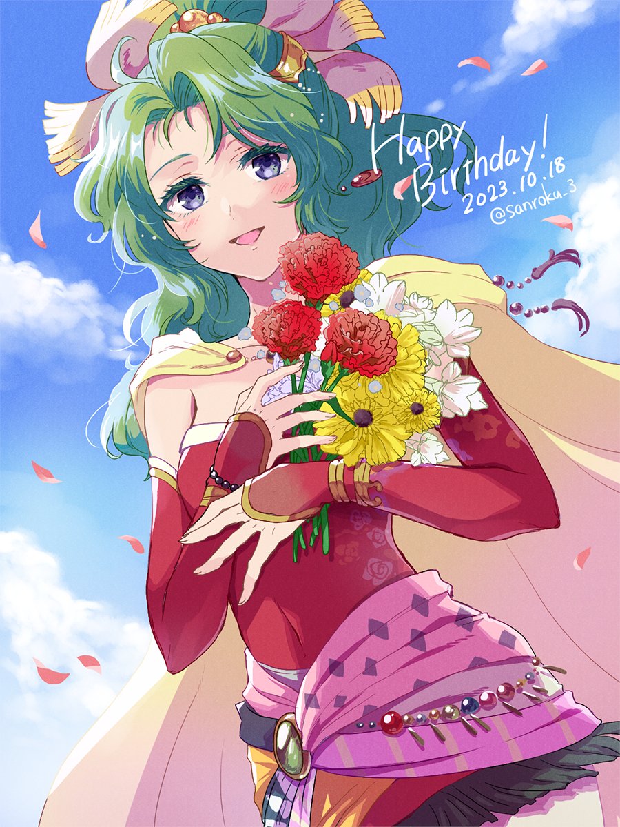 1girl bead_bracelet beads blue_eyes blush bouquet bracelet breasts cape clouds cloudy_sky commentary_request cowboy_shot dangle_earrings dated detached_sleeves dress earrings falling_petals final_fantasy final_fantasy_vi flower green_hair hair_bobbles hair_ornament hair_ribbon happy_birthday highres holding holding_bouquet jewelry long_hair looking_at_viewer medium_breasts open_mouth outdoors parted_bangs petals pink_ribbon red_dress red_flower red_sleeves ribbon sanroku_3 short_dress sky smile solo strapless strapless_dress terra_branford tube_dress twitter_username waist_sash wavy_hair white_flower yellow_cape yellow_flower
