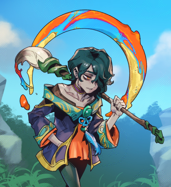 1boy blue_sky bush clouds collarbone cowboy_shot grass green_hair hair_over_one_eye hand_in_pocket holding holding_brush hwei_(league_of_legends) league_of_legends long_sleeves male_focus outdoors paint parted_lips phantom_ix_row red_eyes sky solo standing