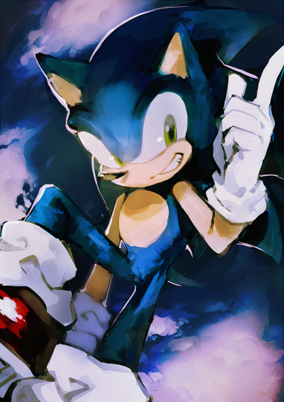 1boy animal_ears animal_nose aoki_(fumomo) blue_fur blue_hair body_fur commentary_request furry furry_male gloves green_eyes grin hand_up happy index_finger_raised leg_up long_hair looking_at_viewer male_focus partial_commentary red_footwear shoes sideways_mouth smile socks solo sonic_(series) sonic_the_hedgehog spiky_hair tail teeth white_gloves white_socks