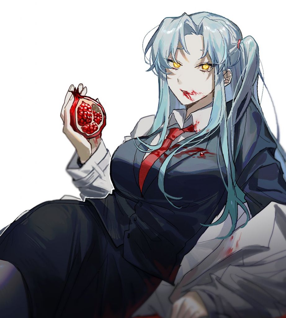 1girl ambiguous_red_liquid angela_(project_moon) black_jacket blue_hair breasts brown_pantyhose food fruit holding holding_food holding_fruit jacket large_breasts lobotomy_corporation lobpoint_72 long_hair looking_at_viewer lying necktie on_side one_side_up pantyhose parted_bangs pencil_skirt pomegranate project_moon red_necktie sidelocks simple_background sitting skirt solo very_long_hair white_background yellow_eyes