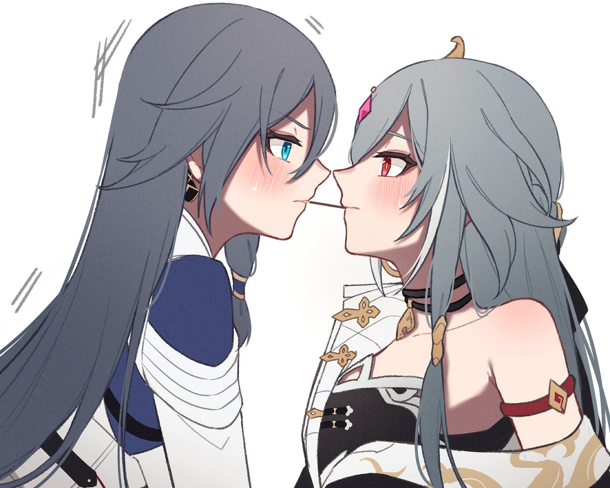 2girls asymmetrical_clothes blue_eyes blush breasts chinese_clothes closed_mouth dual_persona eyeliner food fu_hua fu_hua_(azure_empyrea) fu_hua_(herrscher_of_sentience) fu_hua_(taixuan_impression) grey_hair honkai_(series) honkai_impact_3rd jewelry long_hair long_sleeves looking_at_another makeup multiple_girls pocky red_eyeliner red_eyes selfcest simple_background single_bare_shoulder small_breasts upper_body white_background yunomi_(yunomi_hs) yuri