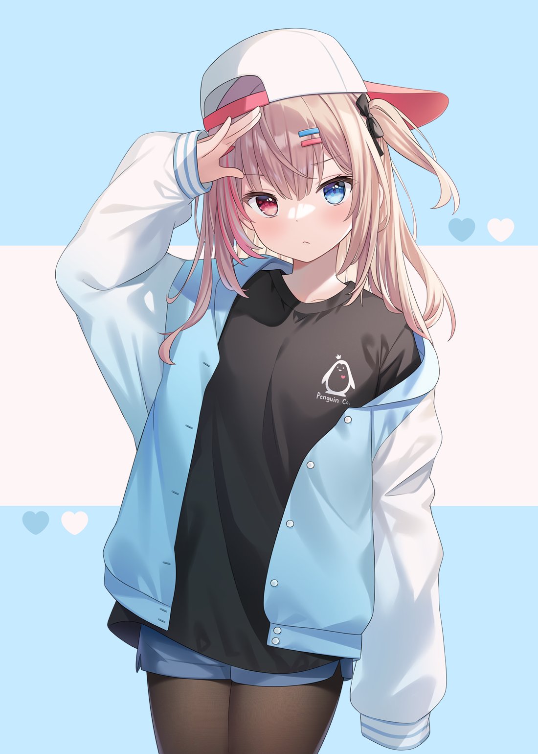1girl arm_up backwards_hat black_bow black_shirt blue_background blue_eyes blue_jacket blue_shorts blush bow breasts brown_hair brown_pantyhose closed_mouth commentary grey_background hair_bow hair_ornament hairclip hat heart heterochromia highres hitsukuya jacket long_hair long_sleeves looking_at_viewer meme multicolored_hair off_shoulder one_side_up open_clothes open_jacket original pantyhose pantyhose_under_shorts pink_hair puffy_long_sleeves puffy_sleeves red_eyes shirt short_shorts shorts sleeves_past_wrists small_breasts solo streaked_hair symbol-only_commentary two-tone_background white_headwear