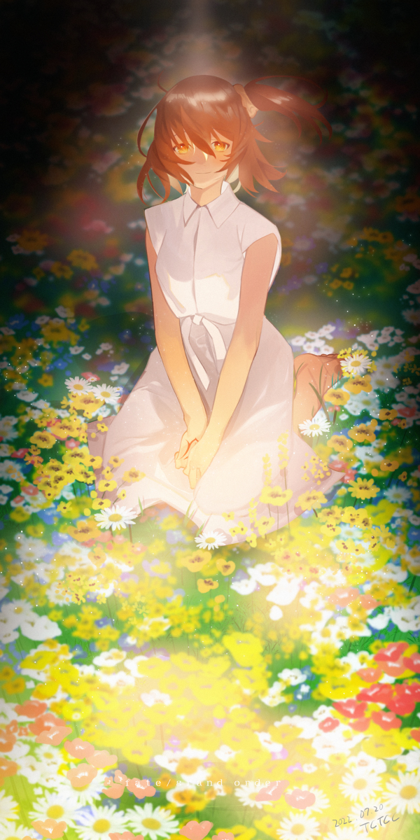 1girl alternate_costume artist_name bare_arms barefoot blurry blurry_background closed_mouth collared_dress command_spell commentary dated dress fate/grand_order fate_(series) field flower flower_field fujimaru_ritsuka_(female) full_body hair_between_eyes highres light_particles looking_at_viewer medium_hair orange_eyes orange_hair red_flower scrunchie short_sleeves side_ponytail sitting smile solo totechito_tec v_arms white_dress white_flower yellow_flower yellow_scrunchie
