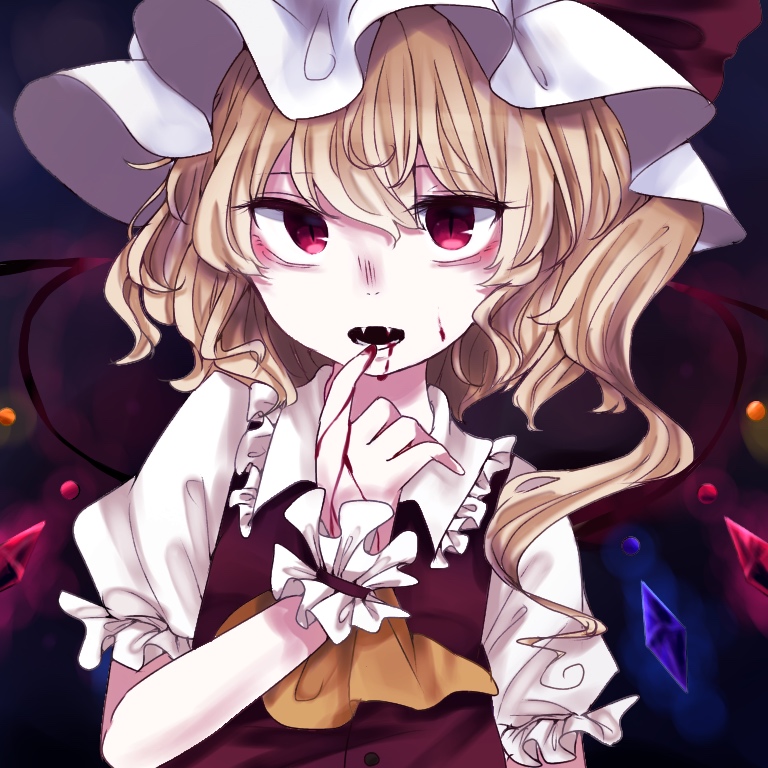 1girl ascot blonde_hair blood blood_from_mouth blood_on_cheek blood_on_face blood_on_hands buttons collared_shirt crystal dark_background fangs flandre_scarlet frilled_shirt_collar frilled_sleeves frills glowing glowing_wings hair_between_eyes hat kuromame1025 looking_at_viewer medium_hair mob_cap multicolored_wings one_side_up open_mouth puffy_short_sleeves puffy_sleeves red_eyes red_vest shirt short_sleeves simple_background solo touhou upper_body vest white_headwear white_shirt wings yellow_ascot