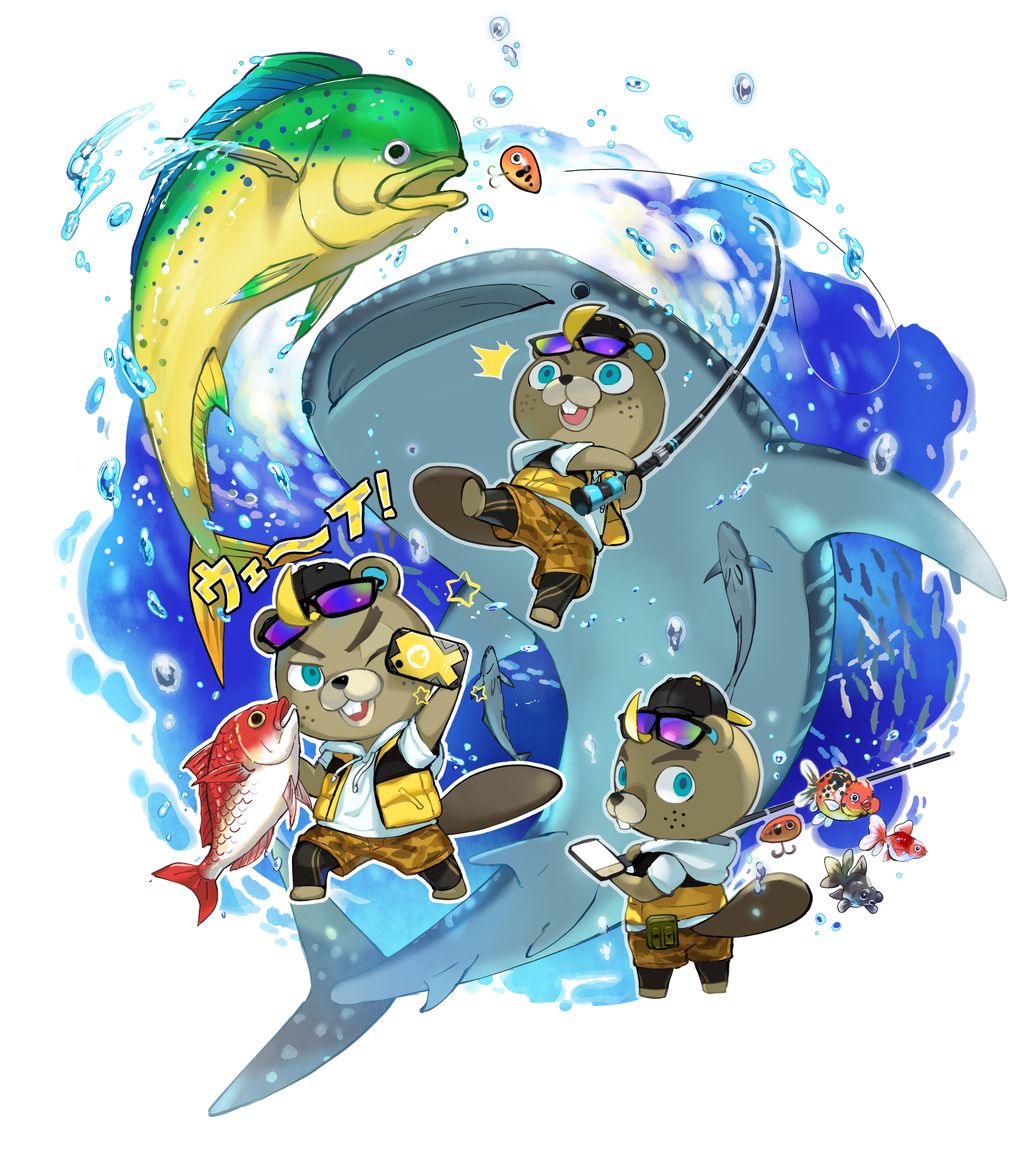 1boy ;d ^^^ animal animal_crossing arm_up backwards_hat baseball_cap belt_pouch black_headwear blue_eyes buck_teeth c.j._(animal_crossing) cellphone commentary_request drawstring eyewear_on_head fish fish_request fishing fishing_rod freckles furry furry_male hat holding holding_animal holding_fish holding_fishing_rod holding_phone hood hood_down hoodie looking_at_viewer looking_back male_focus mikami multiple_views one_eye_closed open_clothes open_mouth open_vest orange_shorts phone pouch shark short_sleeves shorts simple_background smartphone smile star_(symbol) sunglasses teeth v-shaped_eyebrows vest water water_drop whale_shark white_background white_hoodie wide-eyed yellow_vest
