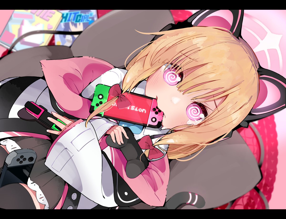 1girl @_@ animal_ear_headphones animal_ears between_legs black_skirt black_thighhighs blonde_hair blue_archive blue_necktie blush bow cat_ear_headphones controller fake_animal_ears game_controller hair_bow halo headphones holding holding_controller holding_game_controller hstk_mega jacket letterboxed looking_at_viewer looking_up low-tied_sidelocks momoi_(blue_archive) mouth_hold multicolored_clothes multicolored_jacket necktie nintendo_switch off_shoulder pink_eyes pink_halo red_bow shirt short_hair sitting skirt solo tearing_up thigh-highs white_shirt