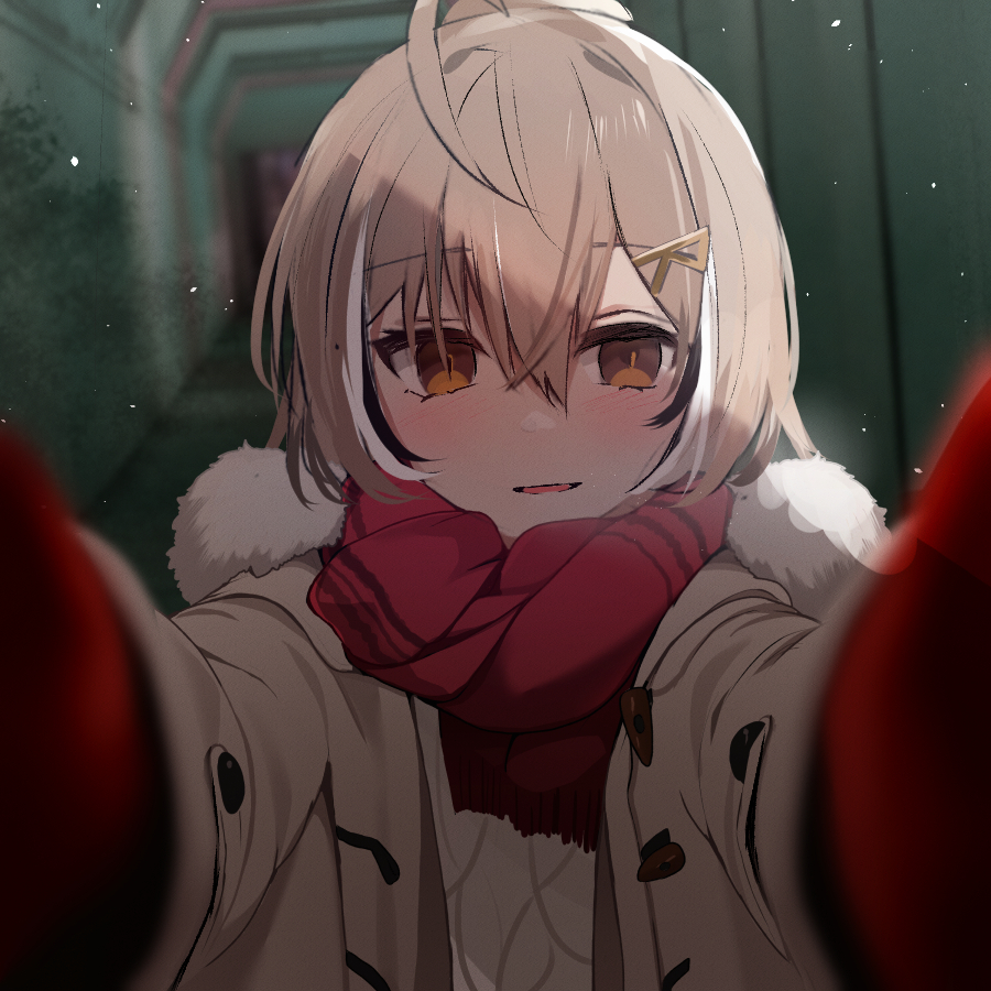 1girl ahoge brown_eyes brown_hair clothes_only coat colored_tips crossed_bangs double-parted_bangs duffel_coat fur-trimmed_coat fur-trimmed_scarf fur_trim gloves hair_between_eyes hair_ornament hairclip hololive hololive_english long_hair meme mittens multicolored_hair nanashi_mumei open_clothes open_coat pov_cheek_warming_(meme) reaching reaching_towards_viewer red_gloves red_mittens red_scarf scarf shirt short_hair shuuzo3 sidelocks streaked_hair template toggles virtual_youtuber white_coat white_shirt winter_clothes winter_coat winter_gloves