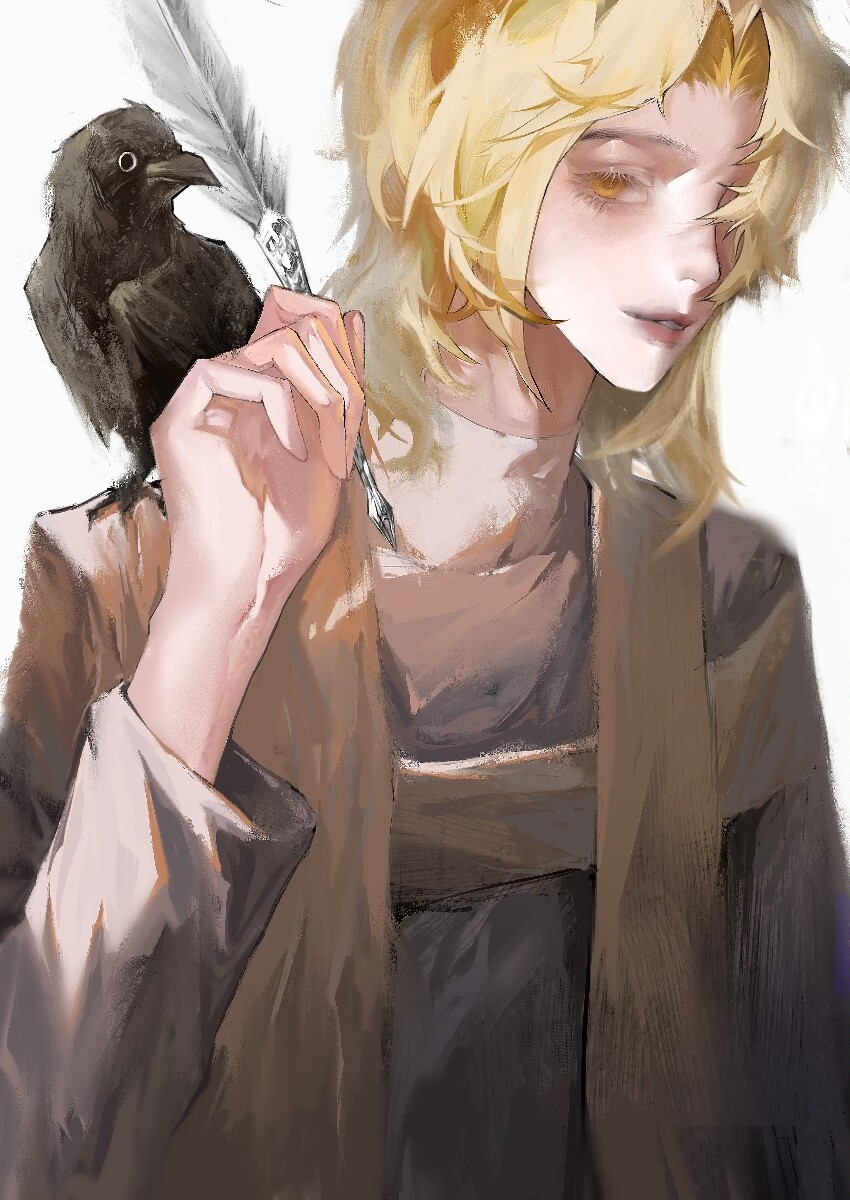 1boy adam_(lord_of_the_mysteries) amon_(lord_of_the_mysteries) animal_on_shoulder bird blonde_hair chinese_commentary colored_eyelashes commentary_request crow highres holding holding_quill jiangjingxing80545 lips looking_at_viewer lord_of_the_mysteries medium_hair one_eye_covered parted_lips quill robe simple_background smile teeth white_background white_robe yellow_eyes