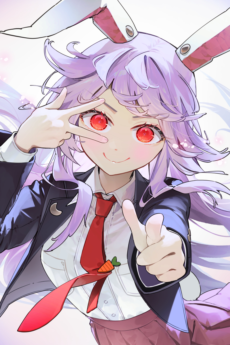1girl animal_ears black_jacket blazer blush breasts closed_mouth collared_shirt highres jacket large_breasts long_hair long_sleeves looking_at_viewer necktie open_clothes open_jacket pink_skirt pleated_skirt pointing pointing_at_viewer purple_hair rabbit_ears rabbit_tail red_eyes red_necktie reisen_udongein_inaba shirt skirt smile solo syuri22 tail touhou v white_shirt