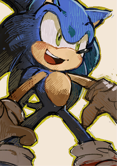 1boy animal_ears animal_nose aoki_(fumomo) blue_fur blue_hair blush body_fur commentary_request furry furry_male gloves green_eyes green_outline happy legs_apart long_hair looking_afar male_focus open_mouth outline partial_commentary smile socks solo sonic_(series) sonic_the_hedgehog spiky_hair standing tail teeth white_gloves white_socks