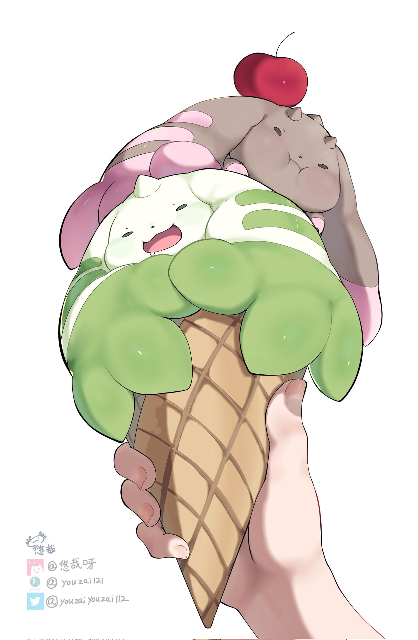1other :d :i cherry closed_mouth digimon digimon_(creature) floppy_ears food fruit highres holding horns ice_cream_cone lopmon multiple_horns open_mouth simple_background single_horn smile terriermon twitter_username white_background youzaiyouzai112