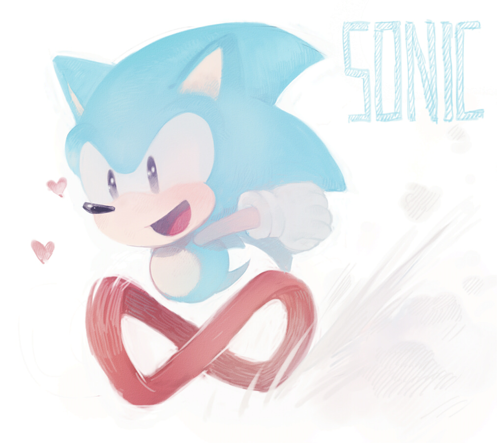 1boy animal_ears aoki_(fumomo) arm_up black_eyes blue_hair blush character_name chibi clenched_hand commentary_request dust english_text full_body furry furry_male gloves happy heart light_blush long_hair male_focus open_mouth partial_commentary running simple_background smile solo sonic_(series) sonic_the_hedgehog sonic_the_hedgehog_(classic) spiky_hair standing tail white_background white_gloves