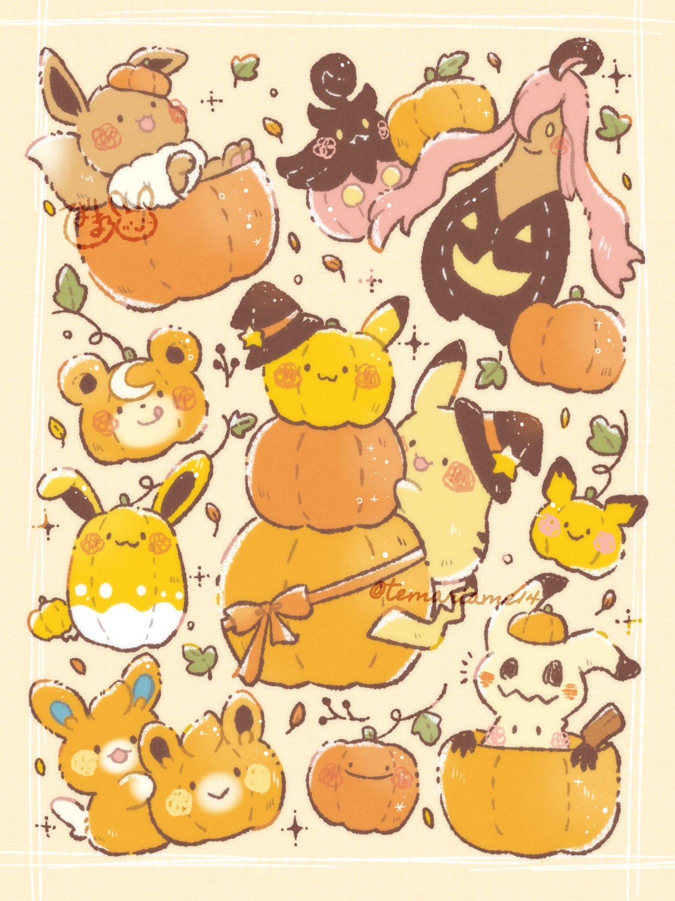 :3 :d :q artist_name azumarill black_headwear blush brown_background closed_mouth commentary_request ditto eevee fangs fangs_out gourgeist hat highres leaf looking_at_viewer mimikyu no_humans one_eye_covered open_mouth pawmi pichu pikachu pokemon pokemon_(creature) pumpkaboo pumpkin simple_background smile solid_oval_eyes sparkle star_(symbol) teddiursa temariame14 tongue tongue_out twitter_username wavy_mouth witch_hat yellow_eyes