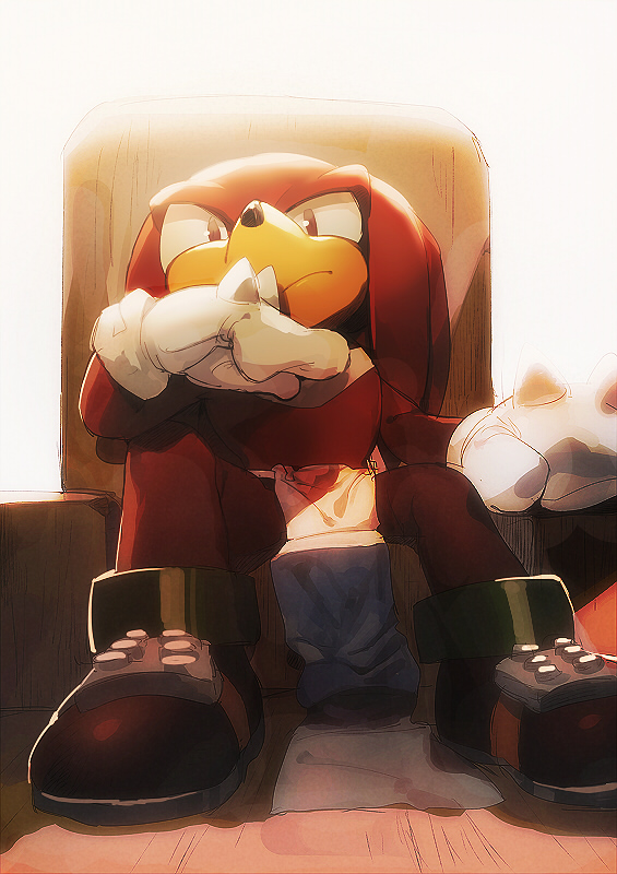 1boy alternate_costume animal_nose aoki_(fumomo) body_fur closed_mouth commentary_request furry furry_male gloves hand_up knuckles_the_echidna loincloth long_hair looking_at_viewer male_focus on_chair partial_commentary red_footwear red_fur redhead shoes sidelocks sitting snout solo sonic_(series) spiked_gloves topless_male two-tone_fur violet_eyes white_fur white_gloves