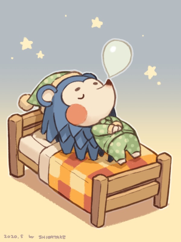 1girl animal_crossing artist_name bed blue_background blush blush_stickers closed_eyes commentary_request dated furry furry_female gradient_background green_headwear green_pajamas green_pants green_shirt hat long_sleeves mabel_able_(animal_crossing) nose_bubble pajamas pants pillow polka_dot polka_dot_headwear polka_dot_pajamas pom_pom_(clothes) shigatake shirt simple_background sleeping solo star_(symbol) u_u yellow_background