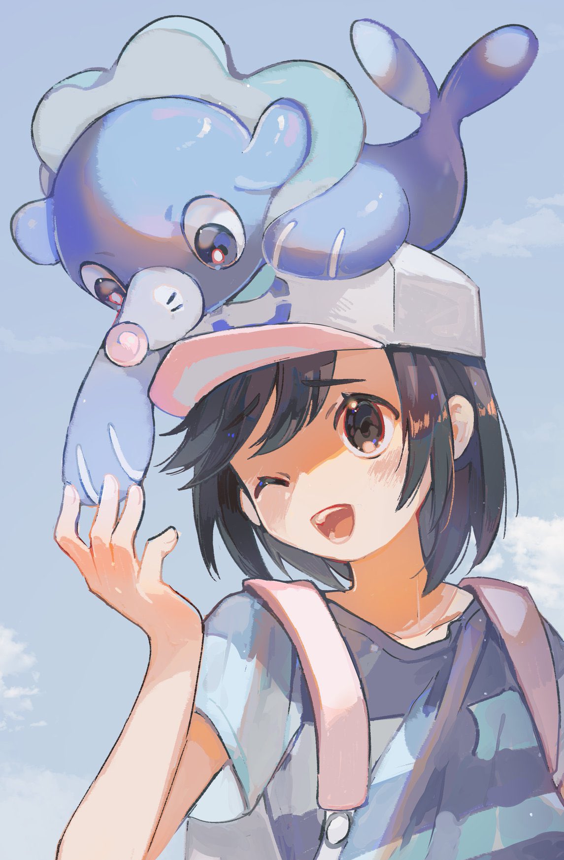 1boy animal_on_head backpack bag baseball_cap black_eyes black_hair blue_shirt blue_sky bright_pupils clouds cloudy_sky day elio_(pokemon) flippers hand_up hat hideko_(l33l3b) highres male_focus on_head one_eye_closed open_mouth outdoors pink_nose pokemon pokemon_(creature) pokemon_on_head popplio shirt short_hair sky smile straight_hair striped striped_shirt t-shirt upper_body