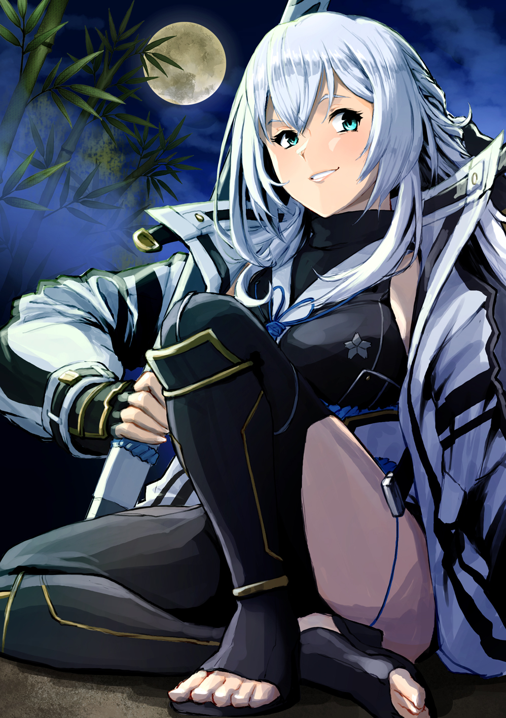 1girl bamboo bamboo_forest blue_eyes clothing_cutout coat double-parted_bangs eiyuu_densetsu forest full_body full_moon grin hair_between_eyes half_updo highres holding holding_sword holding_weapon japanese_clothes kuro_no_kiseki long_hair looking_at_viewer moon nature open_clothes open_coat outdoors shizuna_rem_misurugi sitting smile solo sword thigh-highs thigh_cutout toeless_legwear uma_(tame_ike) weapon white_hair
