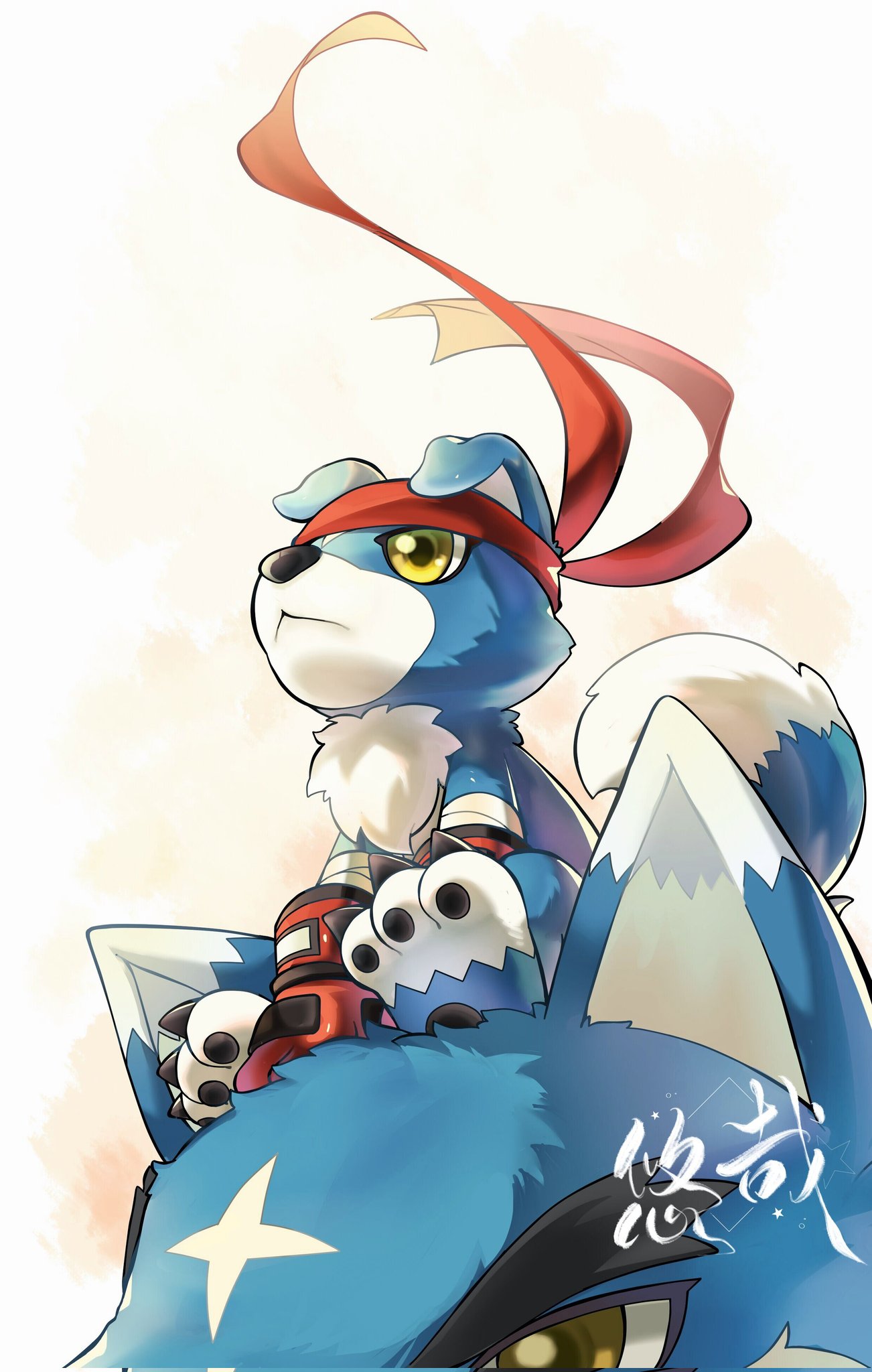 bandages blue_fur blue_tail claws closed_mouth digimon digimon_(creature) dog gaogamon gaomon gloves headband highres on_head pawpads red_gloves red_headband sitting two-tone_fur two-tone_tail white_fur white_tail yellow_eyes youzaiyouzai112