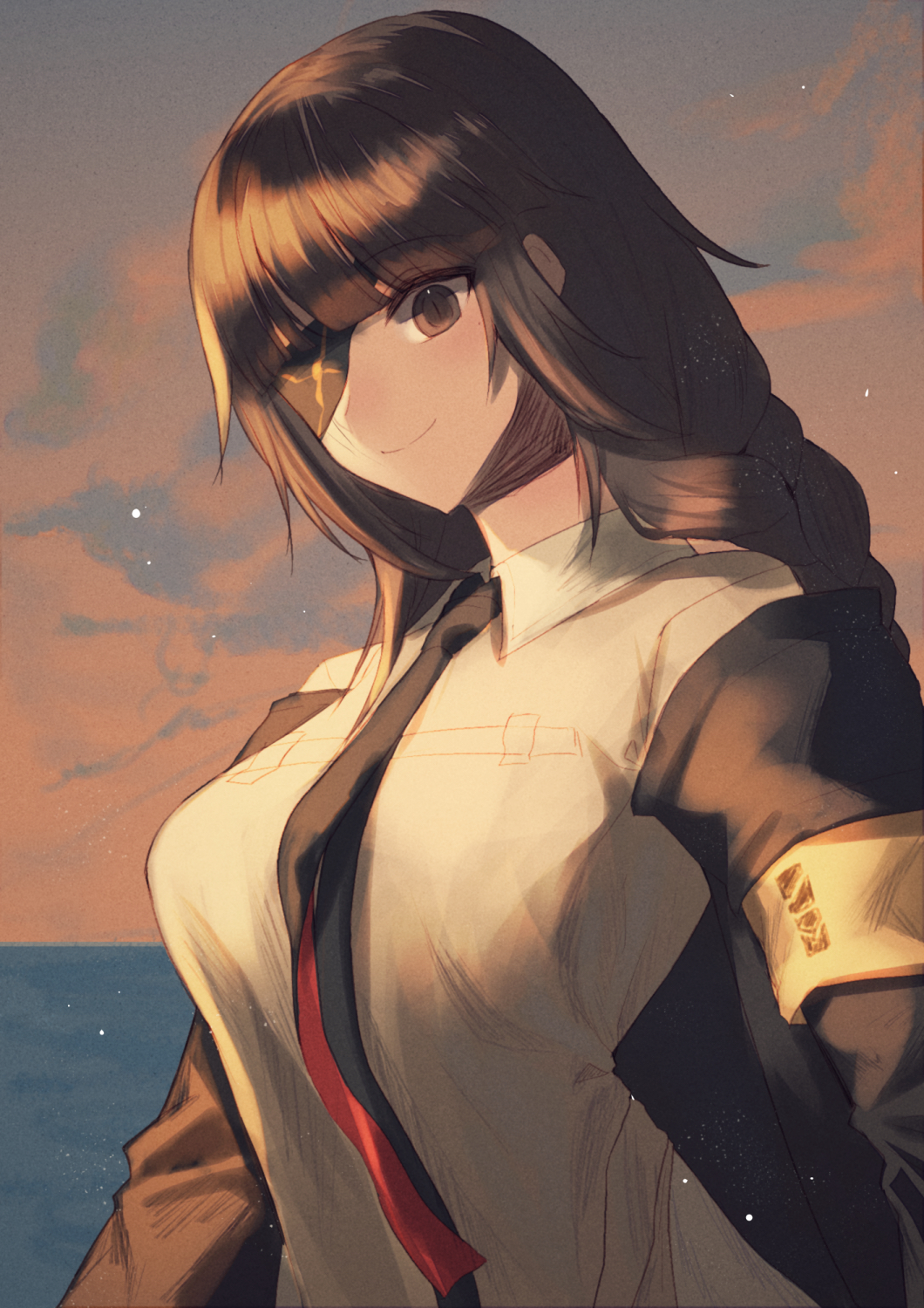 1girl black_jacket breasts brown_eyes brown_hair closed_mouth eyepatch girls_frontline highres jacket long_hair long_sleeves looking_at_viewer m16a1_(girls'_frontline) necktie shirt smile upper_body xanax025 yellow_shirt
