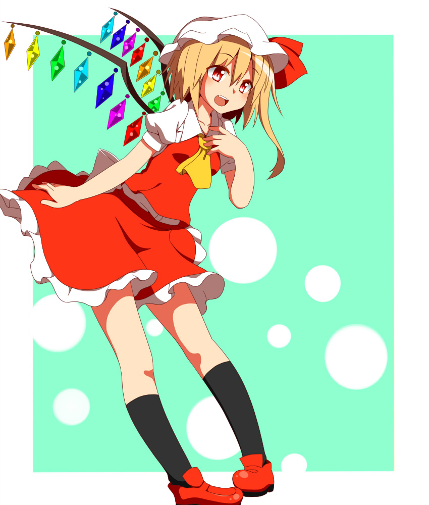 1girl ascot back_bow black_socks blonde_hair border bow breasts collared_shirt crystal flandre_scarlet frilled_skirt frills full_body green_background hair_between_eyes hand_on_own_chest happy hat kneehighs leaning_forward medium_hair mob_cap multicolored_wings one_side_up open_mouth pigeon-toed puffy_short_sleeves puffy_sleeves red_eyes red_footwear red_skirt red_vest shirt shoes short_sleeves simple_background skirt skirt_set small_breasts socks solo teeth toho-77 touhou upper_teeth_only vest white_border white_bow white_headwear white_shirt wings yellow_ascot