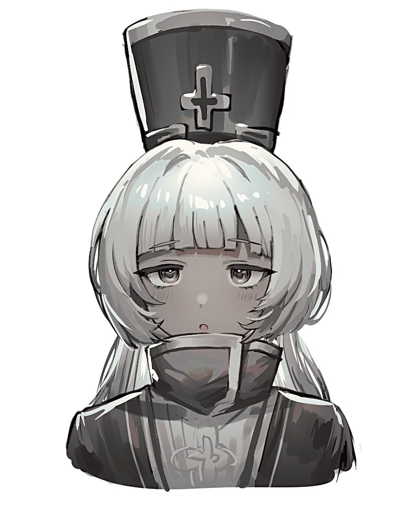 1girl blush bonno_sasu charon_(project_moon) colored_skin dress grey_dress grey_eyes grey_headwear grey_skin hat limbus_company long_hair looking_at_viewer low_twintails open_mouth project_moon shako_cap silver_trim simple_background solo twintails upper_body very_long_hair white_background white_hair
