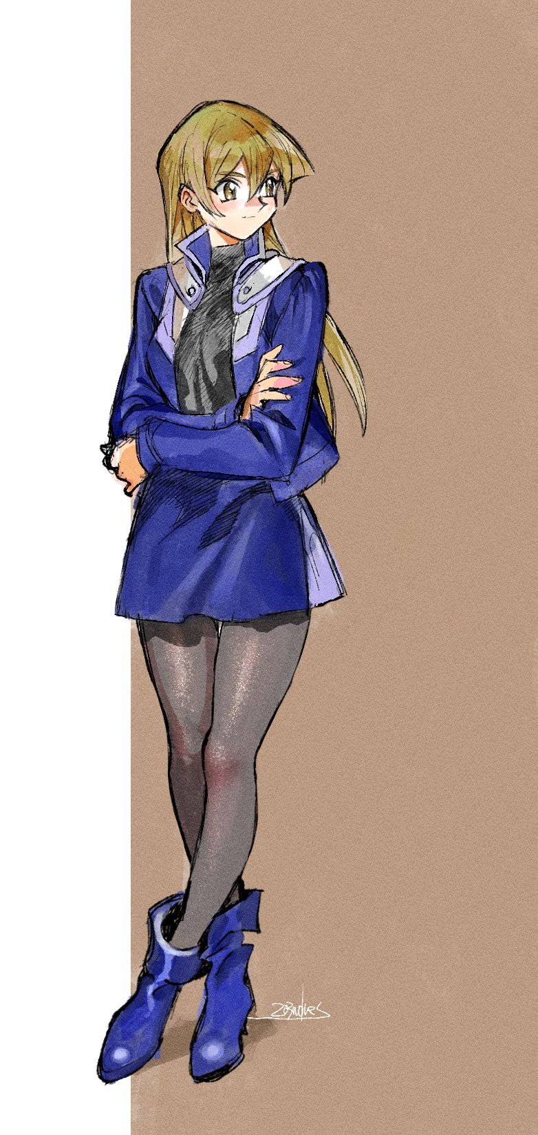 1girl 203wolves ankle_boots artist_name blonde_hair blue_footwear blue_jacket blue_skirt blush boots buttons closed_mouth crossed_arms crossed_legs duel_academy_uniform_(yu-gi-oh!_gx) full_body highres jacket long_hair long_sleeves looking_to_the_side miniskirt open_clothes open_jacket pantyhose signature simple_background skirt solo standing tenjouin_asuka turtleneck yellow_eyes yu-gi-oh! yu-gi-oh!_gx