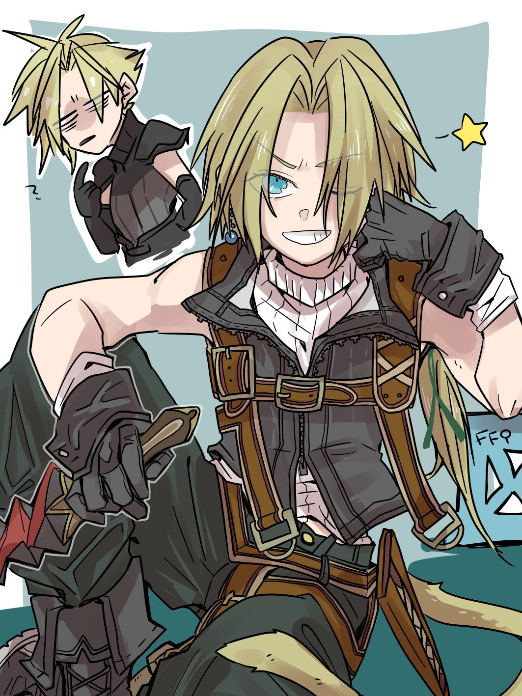 2boys ? adapted_costume black_footwear black_gloves black_vest blonde_hair blue_eyes boots cloud_strife cloud_strife_(murasame) commentary_request cropped_torso dagger earrings elbow_gloves final_fantasy final_fantasy_ix final_fantasy_vii final_fantasy_vii_ever_crisis gloves grin highres holding holding_dagger holding_knife holding_weapon jewelry knee_up knife looking_at_viewer low_ponytail male_focus monkey_tail multiple_boys one_eye_closed oshibainoticket pants parted_bangs pointing pointing_at_self shoulder_pads sitting sleeveless sleeveless_turtleneck smile spiky_hair star_(symbol) sweater tail turtleneck turtleneck_sweater vest weapon white_sweater zidane_tribal