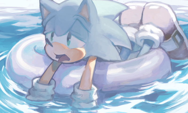 1boy afloat animal_ears animal_nose aoki_(fumomo) blue_fur blue_hair body_fur commentary_request day furry furry_male green_eyes half-closed_eyes hot innertube long_hair lying male_focus on_stomach open_mouth outdoors partial_commentary red_footwear shoes socks solo sonic_(series) sonic_the_hedgehog spiky_hair tongue tongue_out water white_socks