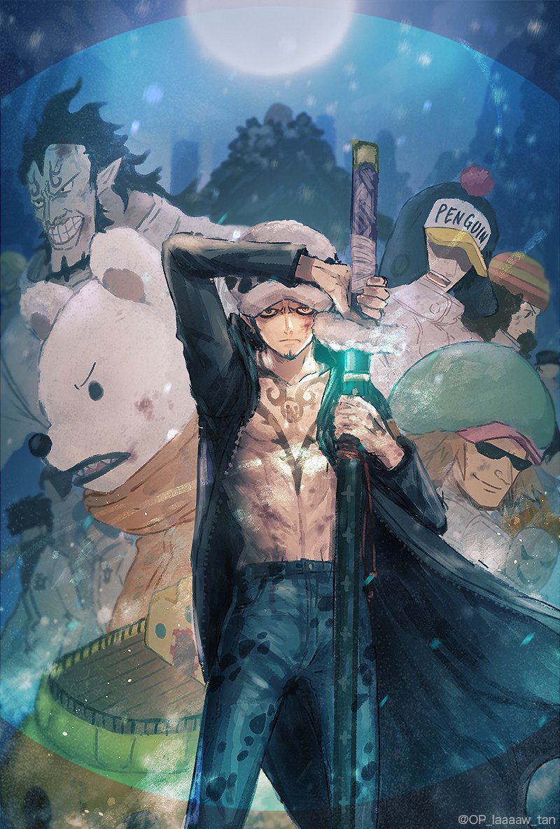 1girl 6+boys animal bad_id bad_twitter_id beard bepo black_coat chest_tattoo coat commentary commentary_request facial_hair facial_tattoo goatee hand_tattoo hat holding holding_sword holding_weapon ikkaku_(one_piece) jean_bart_(one_piece) jumpsuit long_coat looking_at_viewer looking_to_the_side multiple_boys namagomi_(op_laaaaw_tan) one_piece orange_jumpsuit pants penguin_(one_piece) pointy_ears sachi sharp_teeth ship smile sunglasses sword tattoo teeth torso trafalgar_law watercraft weapon