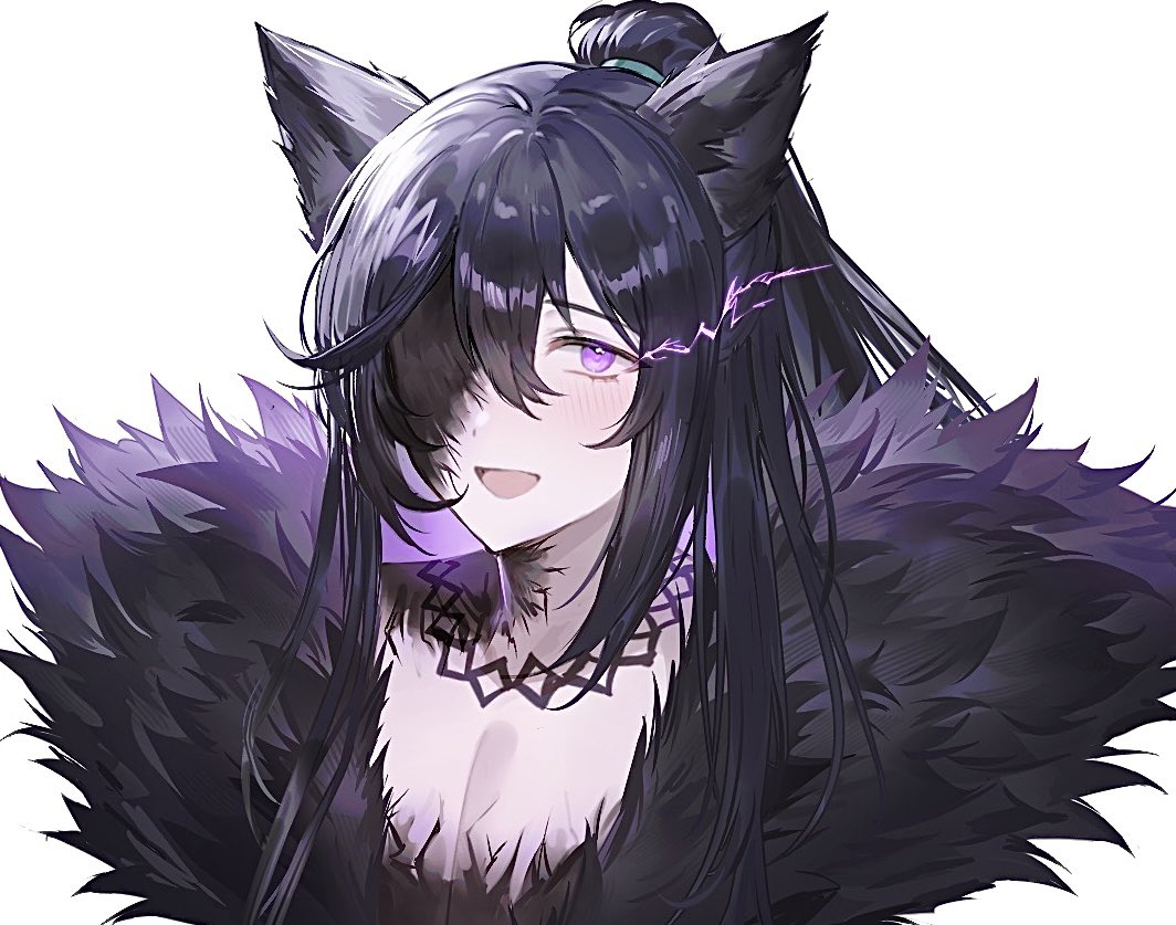 1boy animal_ears black_hair blush bonno_sasu coat commentary e.g.o_(project_moon) electricity fur-trimmed_coat fur_trim hair_over_one_eye half_updo hong_lu_(project_moon) limbus_company long_hair looking_at_viewer one_eye_covered open_mouth project_moon simple_background smile solo symbol-only_commentary upper_body very_long_hair violet_eyes white_background wolf_boy wolf_ears