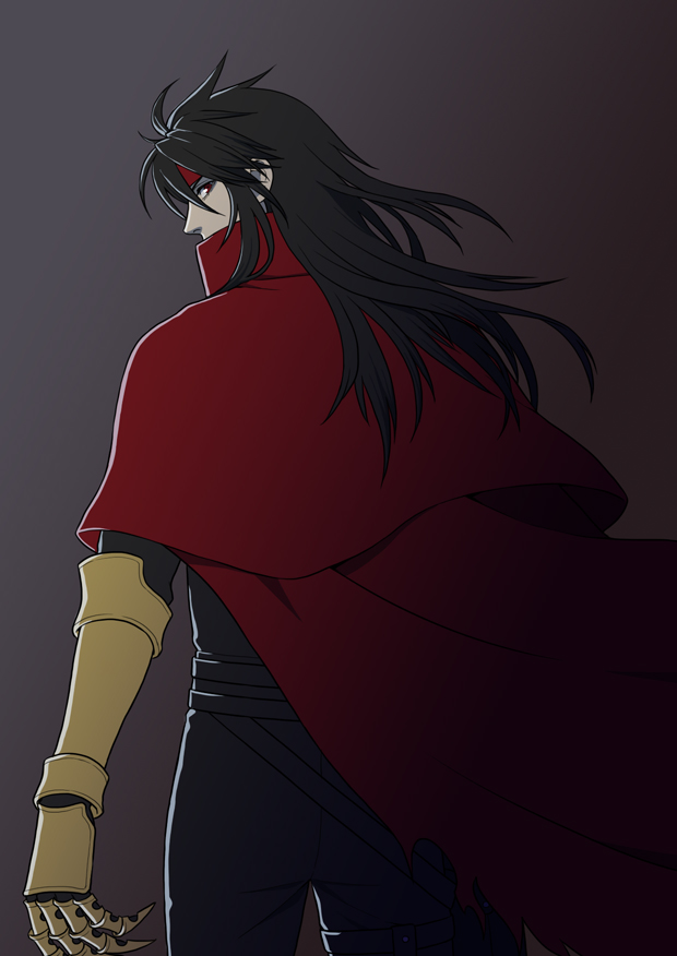 1boy black_hair black_jacket black_pants cape clawed_gauntlets cloak commentary_request covered_mouth cowboy_shot final_fantasy final_fantasy_vii from_behind gauntlets gradient_background headband jacket long_hair looking_at_another looking_back male_focus pants profile red_cape red_cloak red_eyes red_headband sd_supa sidelocks single_gauntlet solo standing vincent_valentine