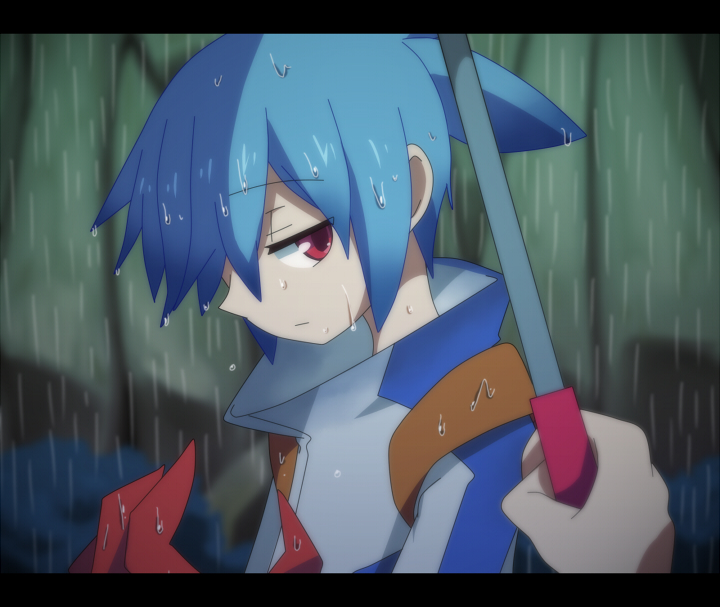 1boy blue_hair expressionless jacket komeichou-69 male puyopuyo puyopuyo_fever rain red_eyes sig solo_focus wet