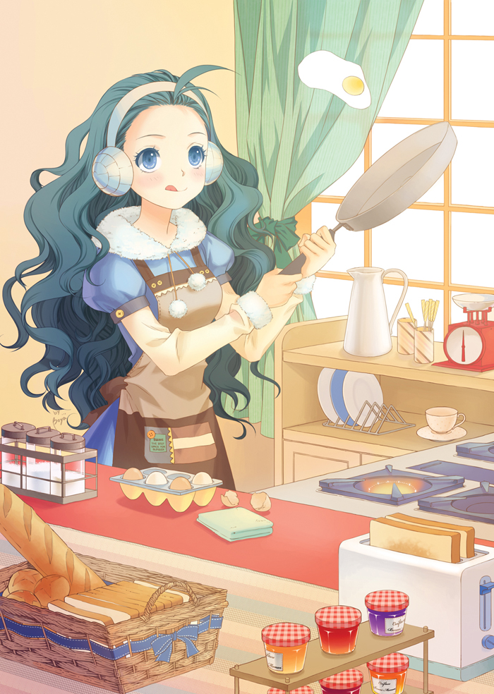 :q blue_eyes boya bread cooking earmuffs egg food igloo kitchen long_hair original solo toast toaster tongue