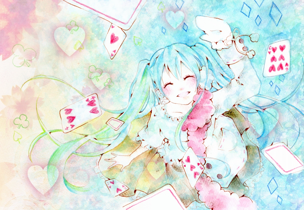 ^_^ card closed_eyes coat earmuffs falling_card from_above hatsune_miku long_hair scarf skirt smile snow_trick_(vocaloid) solo summer tomoshibi_rei traditional_media twintails vocaloid watercolor_(medium) winter