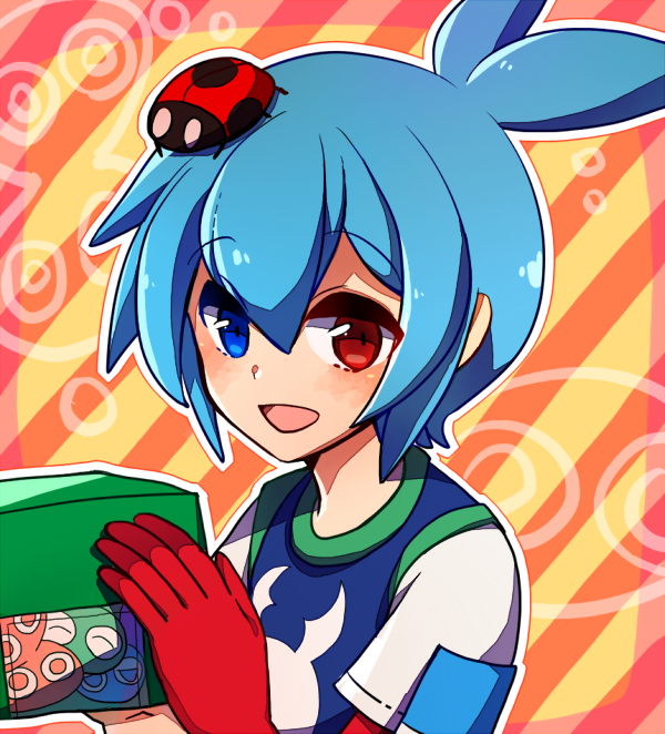 1boy ahoge blue_eyes blue_hair heterochromia insect ladybug male puyo_(puyopuyo) puyopuyo puyopuyo_fever red_eyes shirt sig smile solo striped striped_background tyeinn-suineryuu