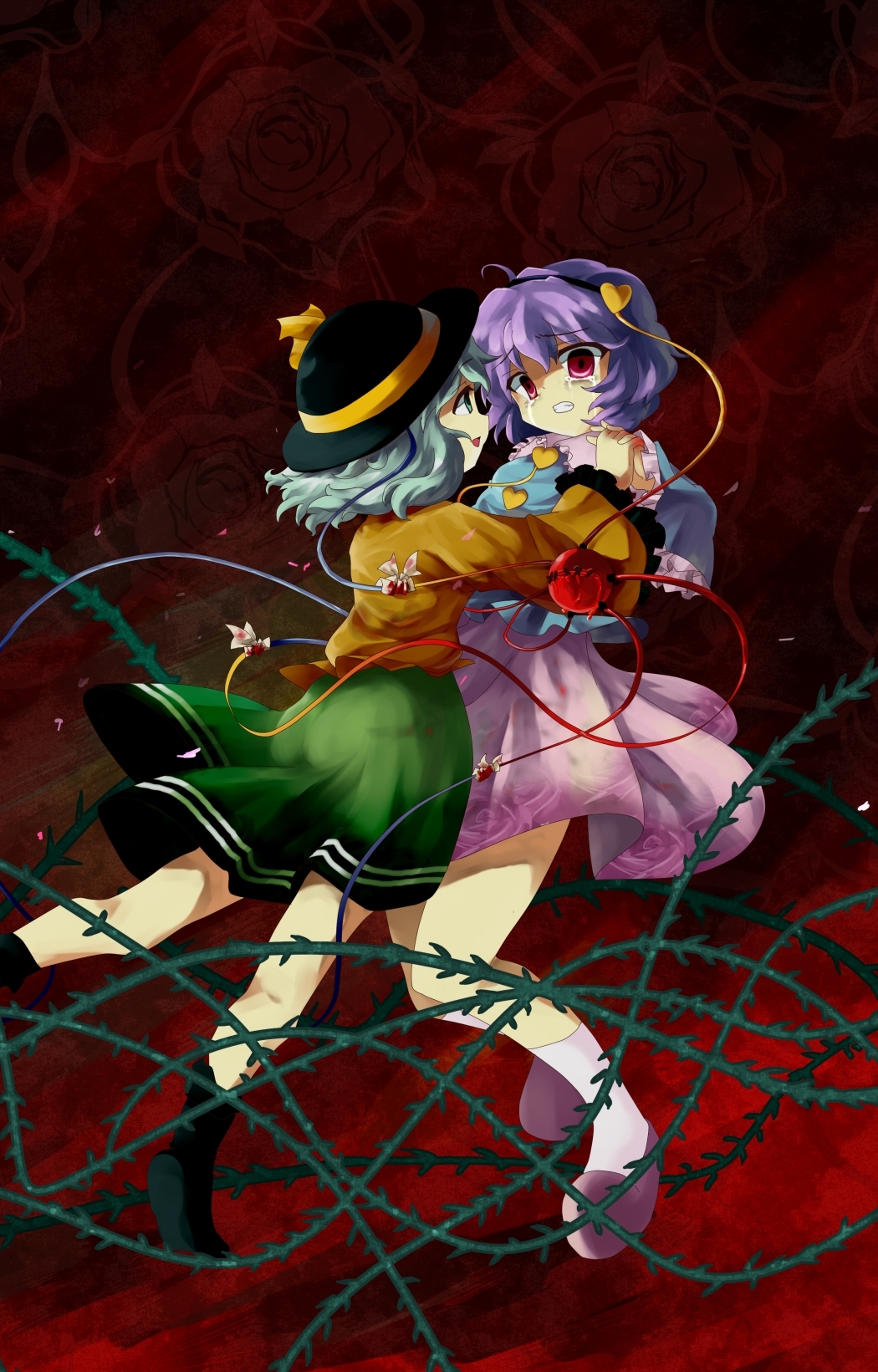 2girls asyura7 blood boots bow clenched_teeth empty_eyes eyes flower green_eyes hairband hat heart holding_hands komeiji_koishi komeiji_satori open_mouth purple_hair red_eyes ruffles short_hair siblings silver_hair sisters skirt smile stitches tears thorns touhou vines yandere