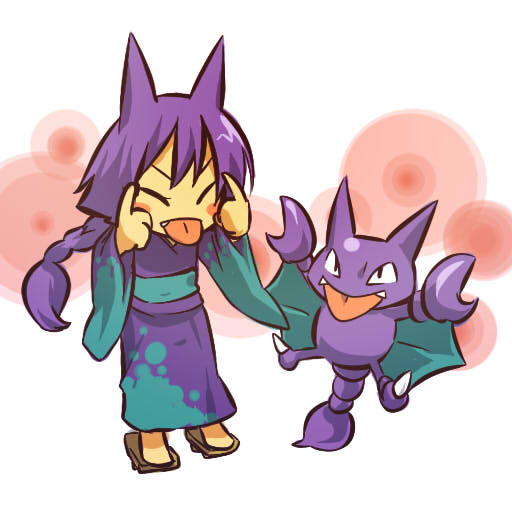 1girl blush_stickers braid costume fang fangs gligar hitec japanese_clothes kimono moemon personification pokemon pokemon_(creature) pokemon_(game) pokemon_gsc purple_hair sandals single_braid solo standing tongue yukata