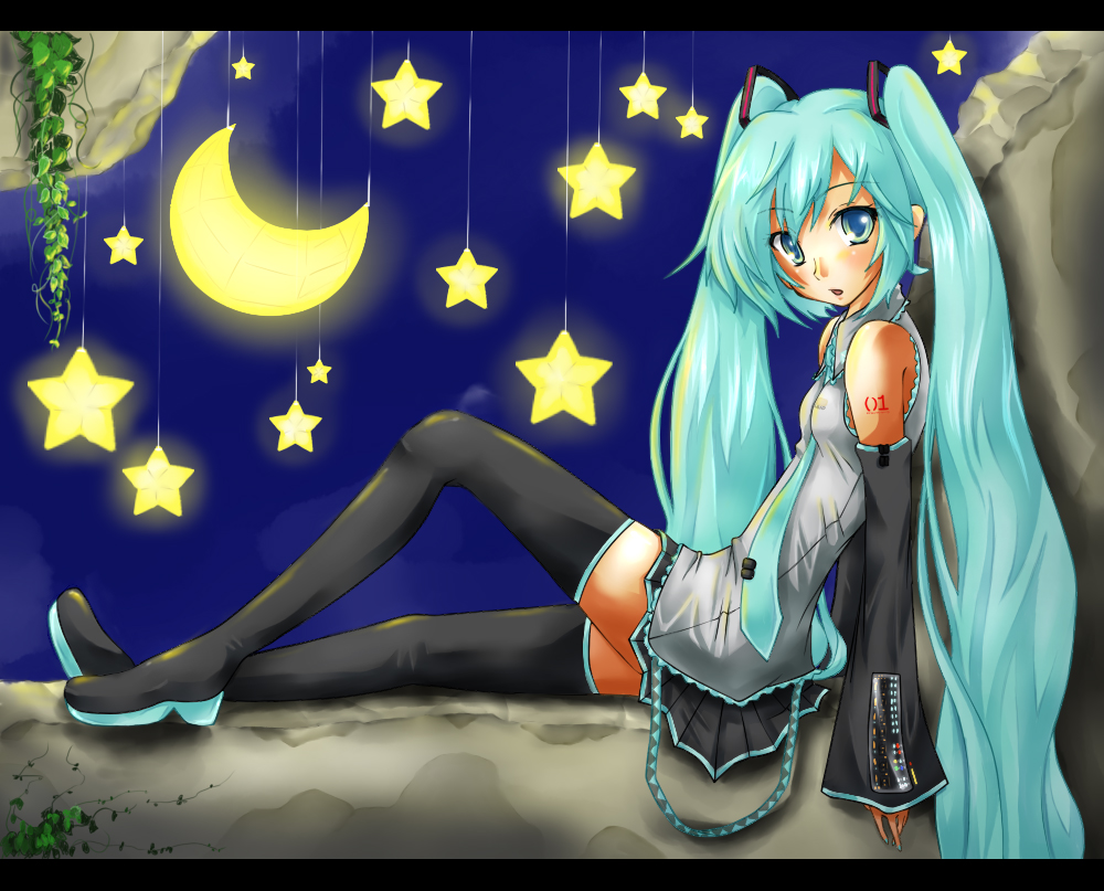 aqua_eyes aqua_hair blush detached_sleeves hatsune_miku kadomaki_shinnosuke moon nail_polish necktie solo star thigh-highs thighhighs twintails vocaloid