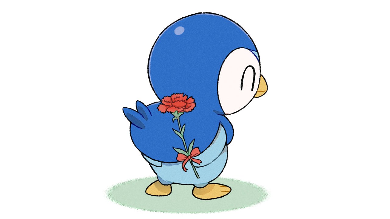 closed_eyes closed_mouth commentary_request creature flower full_body gen_4_pokemon holding holding_flower mother's_day no_humans official_art piplup pokemon pokemon_(creature) prj_pochama solo standing starter_pokemon toes white_background