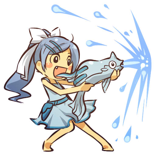 1girl barefoot blue_hair blush_stickers bow dress fang hair_bow hair_ornament hair_ribbon hairclip hitec holster moemon open_mouth personification pokemon pokemon_(creature) pokemon_(game) pokemon_gsc ponytail remoraid ribbon simple_background smile solo standing water white_background